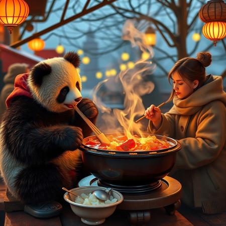 china panda hot pot eating cozy fantasy