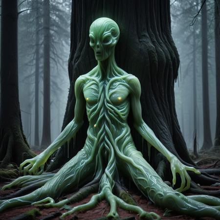 A haunting surreal image of a tree made of slime in a dark forest, entwined with human arms and hands gripping its trunk at various heights. The source of the arms is revealed as an alien figure merging with the tree, its form eerie and unsettling. The alien's appearance is mysterious, with pale, glowing eyes and a body partially blended into the rugged bark. The muted tones of the forest and subtle lighting enhance the otherworldly atmosphere, evoking themes of entrapment, desperation, and a chilling connection between humanity, nature, and the unknown.