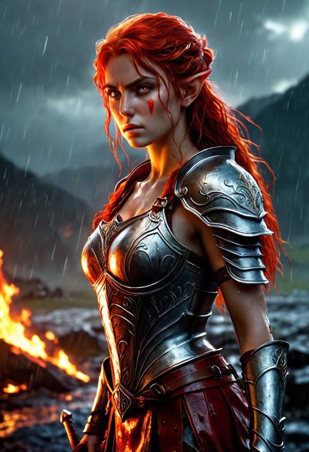 High resolution ultra-realistic of Beautiful Warrior Elf girl, 8k, capturing the intensity of the moment, cinematic lighting, standing on a bloody and stormy battlefield in a fighting pose, wavy red hair, realistic bloody dirty pale face, realistic brown eyes, fire, intricately designed iron and silver fantasy armor, red mini skirt, LOTR Aesthetic, perfect athletic figure, beautiful Warrior elf girl, fire, ultra realistic, cinematic style, athletic figure, dark fantasy, dramatic lighting, wet and sweaty skin, dirty skin, athletic figure, dark fantasy, dramatic lighting, Greg Rutkowski style,, Warrior Elf girl on in iron armor, hyper-detailed, hyper-realistic, bright colours, Attractive 21 old years girl, Attractive, beautiful firm Breasts, sharp focus, digital painting, Photograph Taken on Nikon D750, Alphonse Mucha, 8K, athletic figure, Hyperdetailed, hyperrealism, Attractive, Attractive bust girl, asymmetric balance
