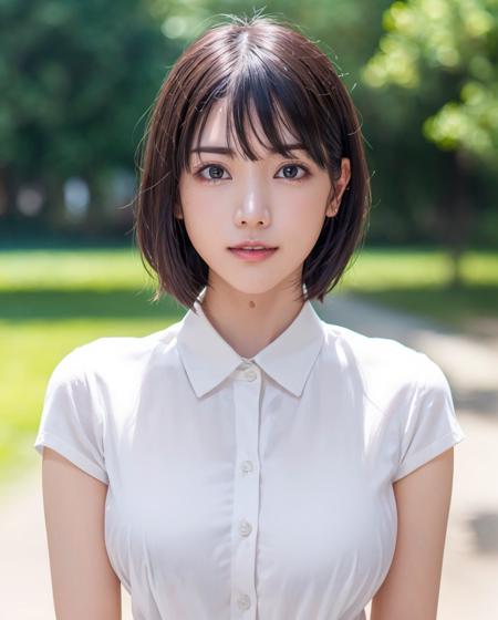 pureerosface_v1:0.3, best quality, photorealistic, 8k, high res, full color, 1girl, woman, 20 years old woman, (closed mouth:1.73), (skindentation), (portrait:0.6), trees, park bench, daylight, ((park background:1.52)), full color, ((buttonedwhiteshirt:1.78)), looking at viewer:1.8, (1girl eyes looking at viewer:1.55), (short hair, brownhair, partedhair:1.45), (bokeh), <lora:AAV-kaede:0.65>