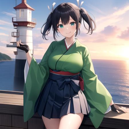 ((masterpiece)),(best quality),official art,extremely detailed CG,unity 8k wallpaper,ultra detailed,A lighthouse on a cliff by the sea,1girl,solo,cowboy shot,japanese_clothes,twintails,green_kimono,green_eyes,short_hair,partially_fingerless_gloves,blue_hair,wide_sleeves,hair_ribbon,yugake,large_breasts,hakama_short_skirt,geta,tabi,white_socks,pleated_skirt,white_ribbon,looking_at_viewer,smile,<lora:SouRyuu(kan)>,