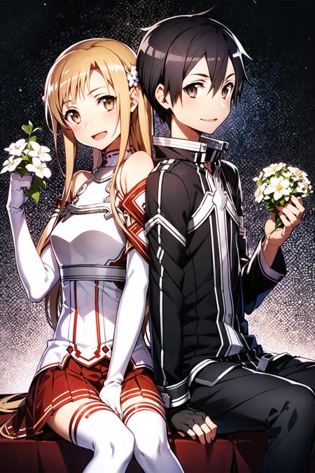 1girl, kirito, asuna (sao), breastplate, 1boy, black hair, long hair, armor, back-to-back, thighhighs, brown hair, flower, skirt, brown eyes, white armor, sitting, black eyes, holding, smile, detached sleeves, gloves, fingerless gloves, pleated skirt, red skirt, looking at viewer, open mouth, bare shoulders, hair ornament, black gloves, short hair, white thighhighs, white flower, long sleeves, hair flower, :d, miniskirt, holding flower,<lora:abec_v2:0.8>