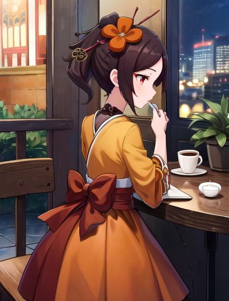 best quality, masterpiece, highres, detailed, digital artwork, <lora:Tools - add_detail:0.2>, ChioriGenshin, red eyes, brown hair, ponytail, short hair, drill hair, orange dress, traditional clothes, head flower, <lora:Character - ChioriGenshin:0.9>, looking away, cafe, indoors, window, coffee,