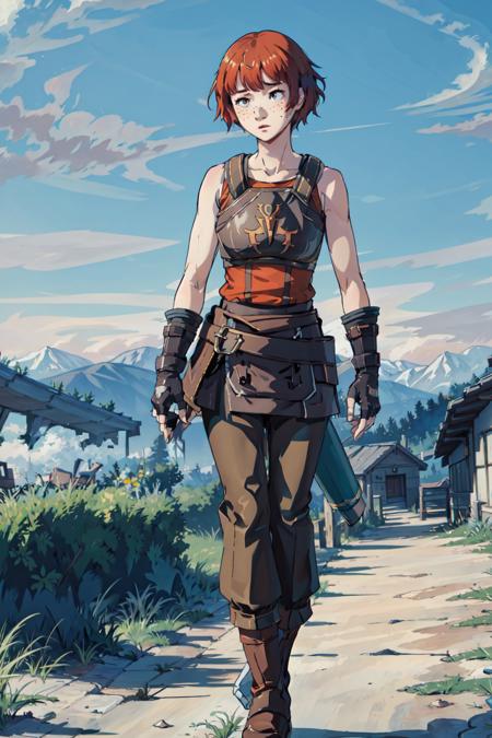 ,(masterpiece,best quality:1.2),dorothyfe6,freckles,1girl,walking,in mountain village,tank top,breastplate,sleeveless,fingerless gloves,pants,boots,weary,