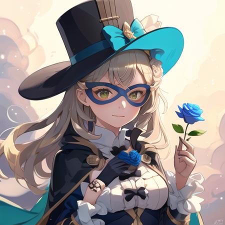 (masterpiece, top quality, best quality, beautiful, and aesthetic:1.2) lapi5, 1girl, holding a blue rose, mask, hat, cape, slight smile, <lora:lapisproject1-10:.8>