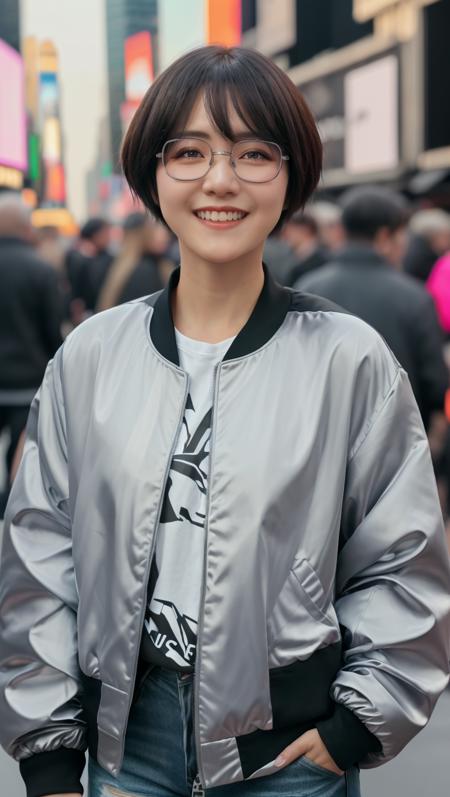 ikunak2023, 8k, uhd, best quality, masterpiece, cinematic lighting, 1girl, glasses, smile, skin pores, detailed face, detailed eyes, photorealistic, wearing silver jacket, baggy clothes, might time, times square, short hair,