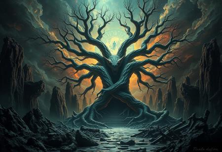 BEHOLD moblin, A universe inside a universe within mysteriously unknowable known in an unfathomable realm of fantastic creation inhabited by ancient shadows of a forgotten time beyond the gate of the gateless gate where life is limitless, light is shadow and shadow is light, eerie sense, horror, spark of the beginning, existence and nonexistence at once, ethereal, behold the end of the beginning, inglorious glory to the dark one, betrayal of the ancient order, beware 7headed beast, destroyer of old ways, bearer of unbearable, nightmarish, archaic runes, tree aging backwards, breath of gods, ruins of a place unimagined, extreme intricate detail, photorealistic, beyond epic scene, fate discarded, unseeable face of god, the end is the beginning, the beginning is the end, man arises as god dies, as above so below, as below so above, emerald tablet, thoth, guardian and saboteur of existence, hopeless hope, ghosts of the unborn, conception of the inconceivable, cosmic well of imperceptible perception, evil aura, infinite emptiness, pillars of void, overwhelming subtlety, abstract sacred geometry, beams of readiness without intention, gift of doom, despair of the ages, hidden secret warnings from dead gods, carved by the conductor of unholy loneliness of time incarnate, consumed by the night itself, beautiful tragedy of hellish discovery, unraveling mist of unreal reality, philosophers stone, proclaim the nameless name of collapsed eternity, infernal maleficium, flameless fire