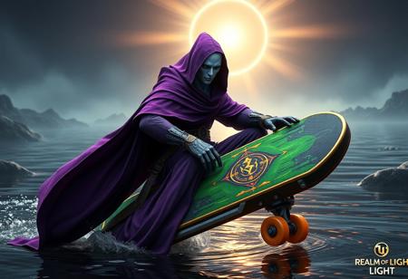 A powerful purple-robed dark magician with a pale gray head, seated on a dynamic green/orange skateboard with bright emblem. Foreground by glistening river, distant radiant Realm of Light background. Cinematic lighting, Unreal Engine 5, Octane Render, Artstation trending, CGSociety, high-res, 4k, intricate details, Golden Ratio, matte painting, impeccable composition.