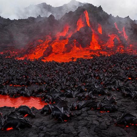 A horde of black dragons bathing in a lake of lava in the crater of an enormous volcano on a tropical island