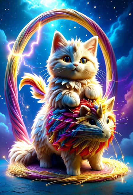 Straw thread, made of straw, big fat Kitten, ridiculously chubby enormous kitten, 
riding on a tiny fluffy unicorn, Go through the Inter Dimensional Portal, 
joy, happiness, smile, 
epic, majestic, fantasy, dreamy, perspective, moody, magical, light and shadow, religious, mythological themes, magnificent, celestial, ethereal, 
concept-art, adventure, characters, fantasy, whimsy, dreaminess, colorful, digital, illustration, magic, 
beautiful, painterly, detailed, textural, artistic, aesthetic, rich details, 
intricate details, highly detailed, ultra-detailed, absurdres, vivid, vibrant, volumetric lighting, 
aid291, midjourneyv6.1, made of golden and blue and red and yellow and purple lightning thunder trails, lthndrtrl