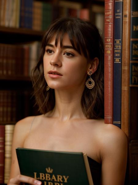 Realistic photo of a beautifuld41sy3dg4r woman,1girl,solo,long hair,bangs,brown hair,brown eyes,jewelry,upper body,earrings,indoors,blurry,lips,looking to the side,book,depth of field,blurry background,realistic,bookshelf,library, soft lighting, professional Photography, Photorealistic, detailed, RAW, analog, sharp focus, 8k, HD, high quality, masterpiece<lora:d41sy3dg4r:1.0>