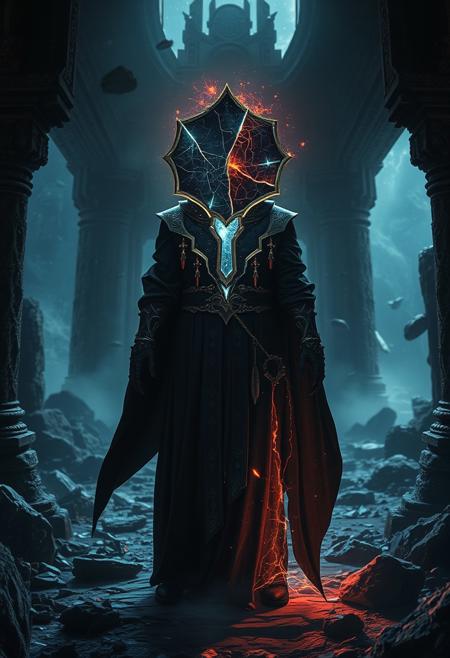 Dark fantasy of a mage with a shattered mirror face, glowing cracks emitting cosmic energy, standing in an ancient ruin surrounded by floating stones, atmospheric lighting, cinematic composition, trending on ArtStation