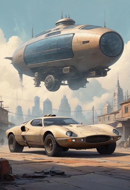 linquivera, liiv1, on parchment, style of ((Ralph McQuarrie and Syd Mead)), a digital painting depicting a futuristic cityscape. In the foreground, there's a worn classic (futuristic unconventional concept vehicle), (groundvehicle), xuer dieselpunk, vehicle focus, ground vehicle, there's a worn classic (futuristic unconventional concept sports vehicle) with a long hood and pop-up headlights, giving it an appearance reminiscent of the late 20th-century designs, yet more futuristic and with a worn and rugged look suggesting age or use in a dystopian setting. The car is detailed with dirt and weathering, and it has a matte, metallic finish.  cloud, sky, The city around it is composed of tall, slender buildings with (cyberpunk-style architecture), featuring protruding structures and neon lights. In the hazy sky, (airships or futuristic vehicles) float above, hinting at advanced technology and a busy urban atmosphere. The color palette is predominantly (desaturated tones of beige and blue), with the scene set against a backdrop of what could be a smog-filled sky, creating a sense of depth and scale. The artwork combines elements of nostalgia with speculative future technologies, presenting a visually rich, sci-fi environment.