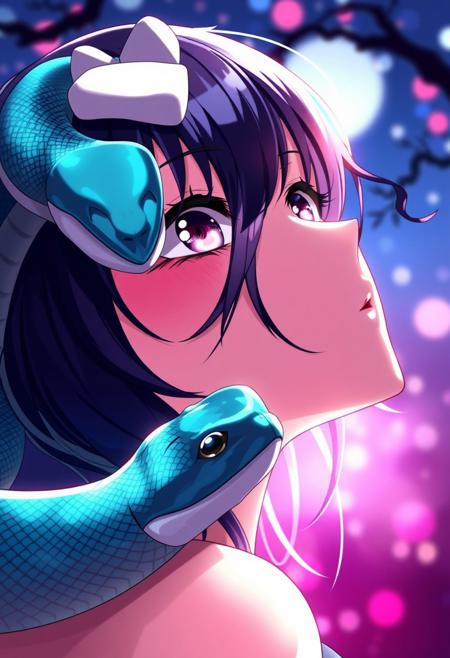 anime illustration of 1girl,solo,looking_up,closed_eyes,makeup,red_lips,eyeshadow,snake,masterpiece,best quality,amazing quality,very aesthetic,high resolution,ultra-detailed,absurdres,newest,scenery,depth of field,volumetric lighting