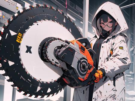 absurdres, highres, ultra detailed,
1girl,oversized hooded jacket,
(circular saw:1.3),holding huge mechanical circular saw, <lora:weapon_v01:1.0>