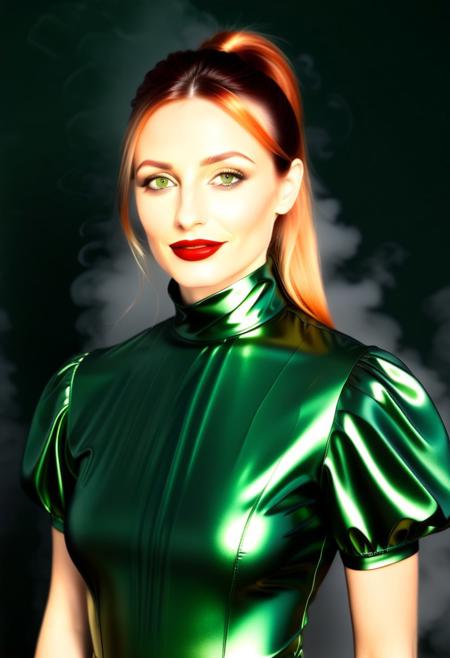 (close up:1.8), Stable_Yogis_PDXL_Positives, (Victorian blouse:2.3), Realism_Quality_2xx_By_Stable_Yogi, (anatomically correct:1.7), photo, photo_realistic, 1girl, mature_woman, European, 27 years old, parted_lips, choker, seductive smile, sultry, serious stare, stern look, close-up, eye shadow, makeup, milf, mature female, pureerosface_v1, Expressiveh, intricate_details_xl, natural skin, realistic, hands out of view, red lipstick, makeup, Influencers Deluxe_Lara_Lang, long ponytail, streaked hair, Orange hair, black streaks in her hair, long side bangs, black highlights in bangs, thick lips, mega ponytail, big hair, tall, natural blue eyes, high neck closure, fitness body, toned muscles, high cheekbones, solo, fully dressed, high turtle neck, outdoors, (hands hidden:1.7), short sleeves, closed dress, high neck closure, gentle smile, closed mouth, short puffy sleeves, laboratory, big fluffy hair in all directions. (green smoke:1.8), (clothes made out of liquid metal:2), clothes made of l1qu1dp34rl pearlescent red blue white.