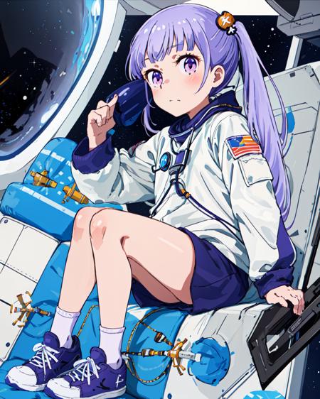 1girl, purple eyes, solo, long hair, twintails, looking away, purple hair, hair ornament, blush, full body, spacesuit, spacecraft interior, sitting, holding, astronaut, knee up, looking at viewer, shoes, v, socks, long sleeves, sneakers, closed mouth, helmet, spacecraft, sidelocks, jacket, <lora:Suzukaze_Aoba:1>,