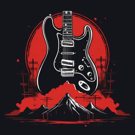 Rock Band T-shirt, Guitar Object, Concert Stage Landscape, Black and Red Color Palette, Leather Texture, Grunge Style, Frontal Perspective
, TshirtDesignAF<lora:TshirtDesignAF:1>