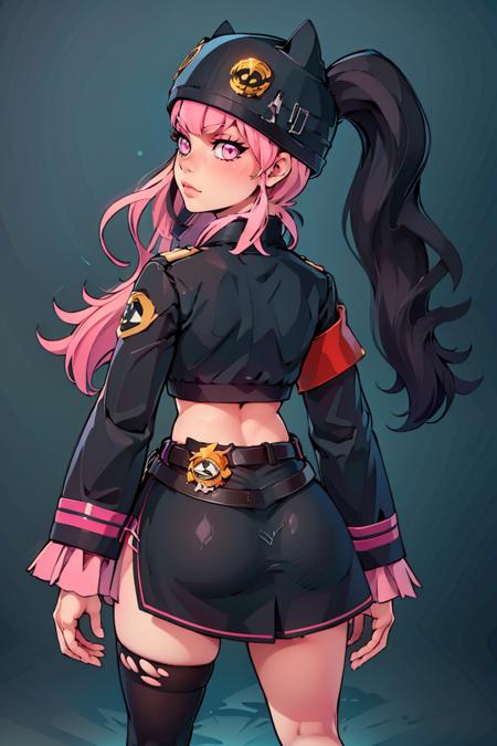 Zoe_Rayne, 1girl, solo, pink eyes,  multicolored hair, two-tone hair, split-color hair, twintails, long hair, black hat, animal ear headwear, black choker, black jacket, cropped jacket, choker, belt, miniskirt, black skirt, necklace, pendant,  midriff, crop top