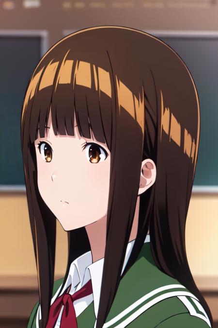 MihoAzukiR4 1girl, brown hair, brown eyes, bangs, blunt bangs, long hair