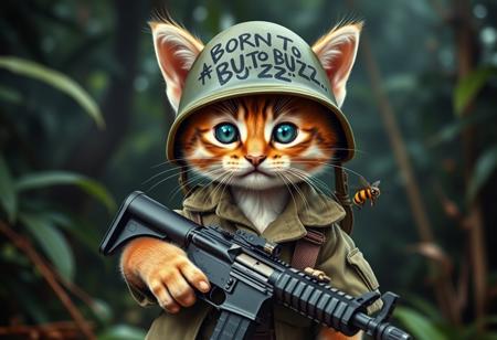 A mischievously cute but tough-looking kitten, dressed as a U.S. Marine during the Vietnam War. The kitten is wearing a slightly oversized olive-green military uniform and a flak jacket, holding a small M16 rifle with a playful yet rebellious expression. Its front helmet is adorned with the words “BORN TO BUZZ..” in bold, hand-painted letters, alongside a hand-drawn bee symbol buzzing aggressively. The backdrop features a dense jungle with hints of smoke and a humid, war-torn atmosphere. The kitten’s eyes gleam with a mix of charm and a cheeky “bad boy” attitude. Vibrant details, hyper-realistic fur texture, and cinematic lighting bring the scene to life.