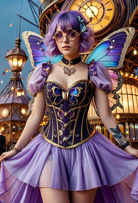 masterpiece, absurdres, best_quality, ultra-detailed, newest, extremely detailed, amazing quality, very aesthetic, uncensored, rating_safe, sfw, BREAK, butterflyStyle, Pearlum, BREAK, 1girl, solo, amethyst eyes, lavender hair, short wavy hair, steampunk goggles, butterfly tattoo on forearm, pearl brooch, sheer corset dress, metallic accents, short cape, butterfly accessories, clockwork jewelry, in floating airship city, brass structures, twilight glow