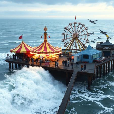 A fun fair, rollercoaster, stalls, people enjoying themselves, on a pier about to be ingulfed by a huge tidal wave