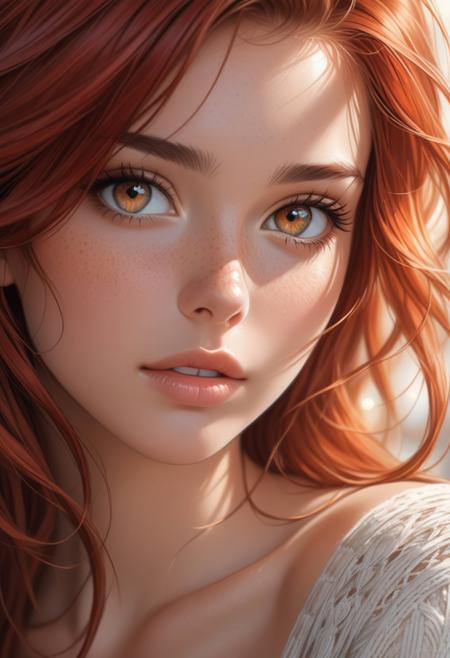 A realistic close-up digital painting of a Norwegian girl with vibrant red hair cascading in soft waves around her face. Her delicate freckles are sprinkled across her cheeks and nose, giving her a youthful and natural look. She gazes directly at the viewer with intense, mesmerizing eyes, the painting's focus on her clear, bright eyes framed by long, detailed eyelashes. Her lips are softly parted, revealing a hint of her open mouth, adding to the intimate nature of the portrait.
Her beautiful features are rendered with lifelike detail, capturing the essence of youthfulness and innocence. The background is softly blurred with a bokeh effect, drawing full attention to her face and creating a gentle contrast between her sharp features and the soft light around her. The warm tones of her hair and complexion are subtly enhanced, giving the image a harmonious, serene feel. This artwork captures the beauty of simplicity, focusing on the fine details of her expression, hair, and skin.