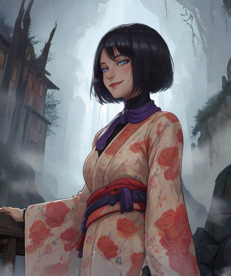 Orin,blue eyes,black hair,
floral print,kimono,long sleeves,chin strap,smile,
standing,upper body,
night,village,fog,
(insanely detailed,  masterpiece, best quality),<lora:Orin:0.8>,