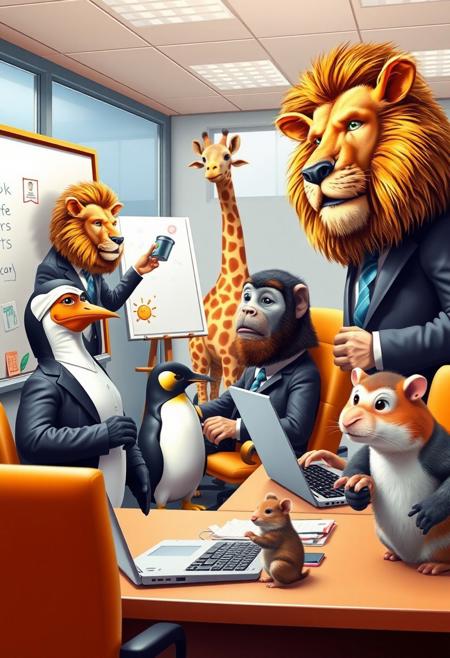 Create a vibrant and funny scene in a busy office where all the workers are replaced by animals in business suits. A serious-looking lion is giving a presentation at the whiteboard, while a clumsy penguin is spilling coffee on the desk, and a monkey is typing furiously on a laptop. In the background, a giraffe is struggling to use the water cooler because it's too tall, and a tiny hamster is trying to use a huge swivel chair, but it keeps spinning. Bright colors, playful expressions, and exaggerated comedic movements.