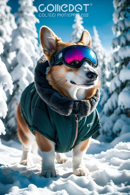 corgi dog,snow,winter,dog,ski goggles,dog coat,outdoor,snow-covered trees,animal wearing clothes,winter gear,cool,daytime,clear skies,canine,white,goggles,pet fashion,standing,four-legged.,