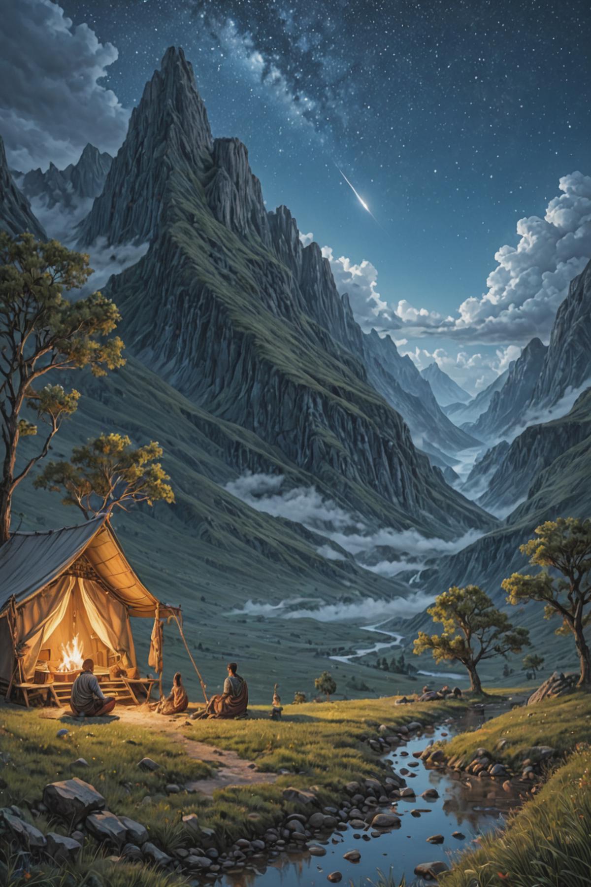 A painting of a group of people in a camping tent surrounded by a mountain landscape.