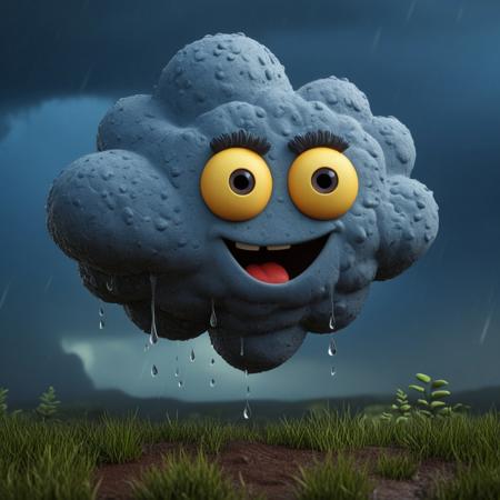 A bright and colorful claymation-style depiction of a dark grey storm cloud with two large expressive eyes and a cheerful smile, handcrafted textures with visible fingerprints and sculpting marks, exaggerated cartoonish proportions, fluffy and rounded cloud form, a dramatic contrast between the clear blue sky behind him and the dark stormy skies below, rain pouring in smooth stylized droplets, a single thick bolt of lightning striking with a bright glow, dynamic lighting with soft highlights and subtle shadows, whimsical yet dramatic atmosphere, stop-motion aesthetic, rich textures and depth, (masterpiece:2), best quality, ultra highres, original, extremely detailed, perfect lighting