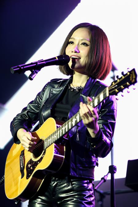 best quality, ultra high res, (photorealistic:1.4), masterpiece, Concert background,1girl,detailed eyes,hair decoration,trendy expression,jacket,top,pants,(style:1.5),standing,On stage,Play the guitar,sing(looking at viewer), <lora:yaobeina:0.8>