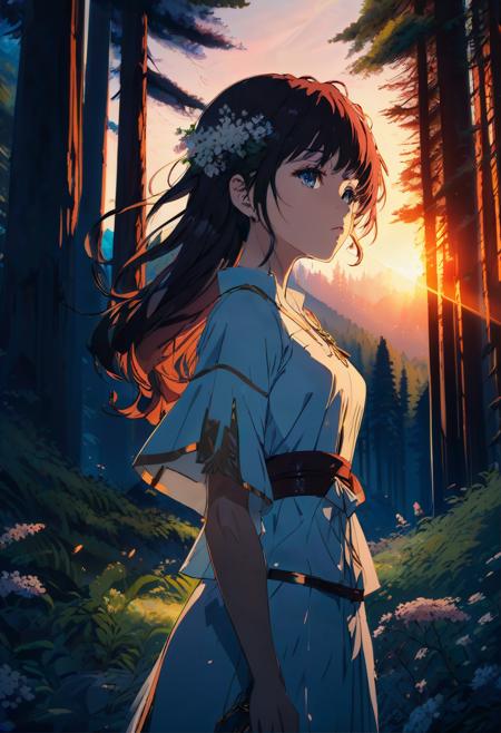 anime key visual, intricate background, two shot angle of a masterpiece,1girl,sexy, of Grace, background is Mythical The Redwood Forest, lush blossoms, at Sunset, split lighting, 800mm lens, Instagram, layered textures