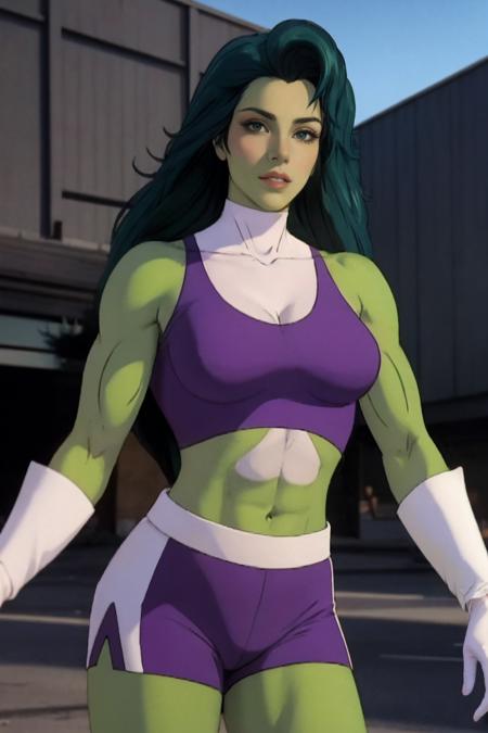 straight-on,pose,looking at viewer,solo, BREAK, CARTOON_shehulk90s_bodysuit_ownwaifu,www.ownwaifu.com,very long hair,  long hair,(green skin:1.2),colored skin,breasts,green hair,muscular,medium breasts,makeup,lips,big hair,muscular female,abs,collarbone,lipstick,large breasts,eyeshadow,navel,green eyes,midriff,cleavage,gloves,thighhighs,crop top,shorts,white gloves,        <lora:CARTOON_shehulk90s_ownwaifu-15:0.8>,      official art,extremely detailed CG unity 8k wallpaper, perfect lighting,Colorful, Bright_Front_face_Lighting,shiny skin, (masterpiece:1.0),(best_quality:1.0), ultra high res,4K,ultra-detailed, photography, 8K, HDR, highres, (absurdres:1.2), Kodak portra 400, film grain, blurry background, (bokeh:1.2), lens flare, (vibrant_color:1.2),professional photograph, (beautiful_face:1.5),