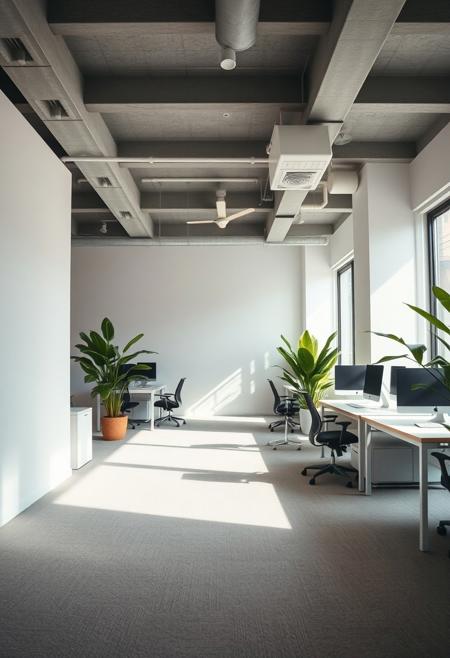 office design, minimal, ((white walls)), ((gray open ceiling)), ((carpet floor)), (big plants), modern desks, interior design photo, gentle shadows, light mid-tones, dimension, mix of smooth and textured surfaces, focus on negative space and clean lines, focus, Cinematic Shot