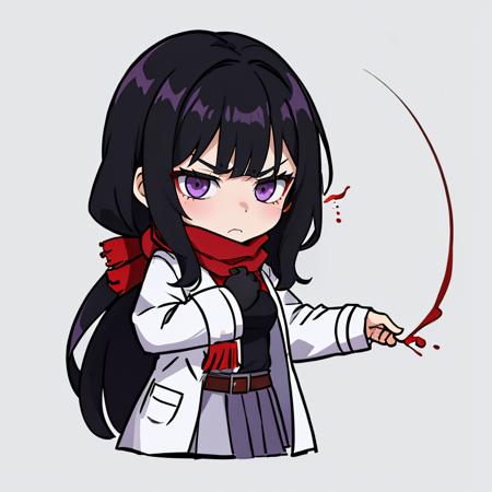 masterpiece, best quality,,  <lora:BloodsplashOCv1-000050:0.8>,Bloodsplash, 1girl, black hair, purple eyes, red scarf, long hair, white coat, coat, belt, long sleeves, open clothes, open coat, skirt  chibi,  cropped torso, disgust, hatred, narrowed eyes, repulsed