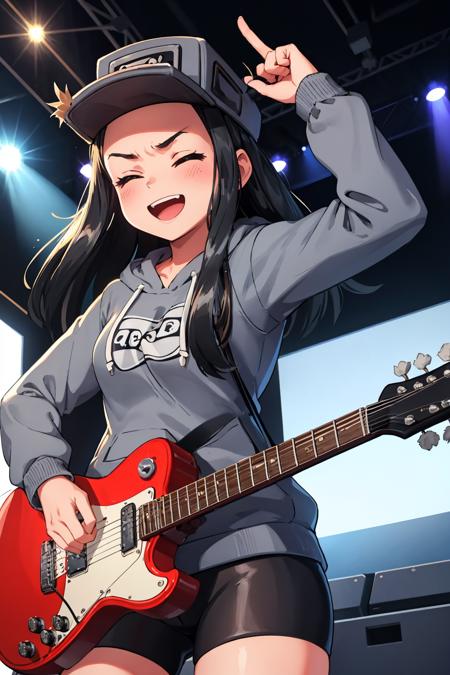 masterpiece, best quality,  <lora:cassettegirl-nvwls-v1-000009:0.9> cassettegirl, hat, grey hoodie, short shorts, guitar, closed eyes, :D, stage, cowboy shot, furrowed brow