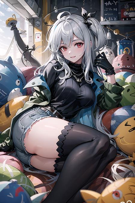 SKADITEA,solo, breasts,  black gloves, black shirt, black thighhighs, open clothes, looking at viewer, shorts, large breasts, open green jacket<lora:SKADITEA-000008:1> long hair, looking at viewer, lying, mouth hold, on side, padlock, petals, puffy sleeves, see-through, smile, solo, thighhighs, underwear,thighhighs, wide sleeves, window, hair intakes, bangs,