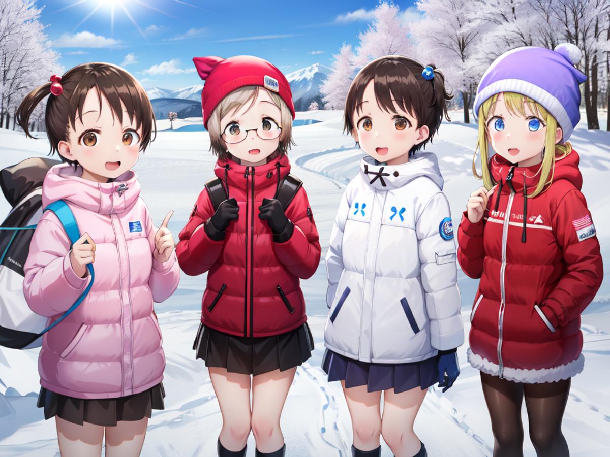 Four young women posing in the snow, wearing winter coats and hats.