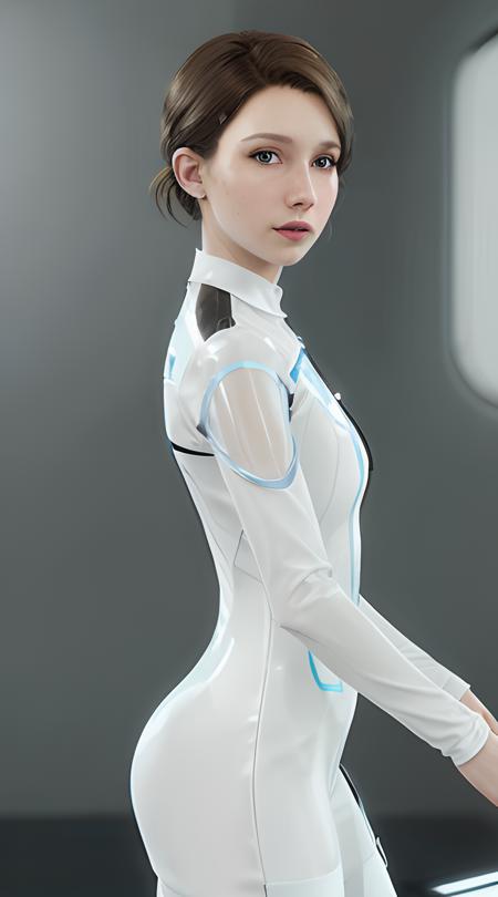 masterpiece, best quality, ultra highres, photorealistic, KaraDetroit
short hair,brown hair,LONG EYELASH, parted lips, EARRINGS, very gorgeous, detailed shiny skin, Full Body,
sci-fi,girls frontline,near future,Space travelling,
1 woman, flat chest,white color blue stripe futuristic suit, white dress,mechanic punk outfit,Translucent Tech Bodysuit, Lab,
<lora:KaraDetroit:0.7> <lora:koreanDollLikeness_v15:0.2> <lora:japaneseDollLikeness_v10:0.1>