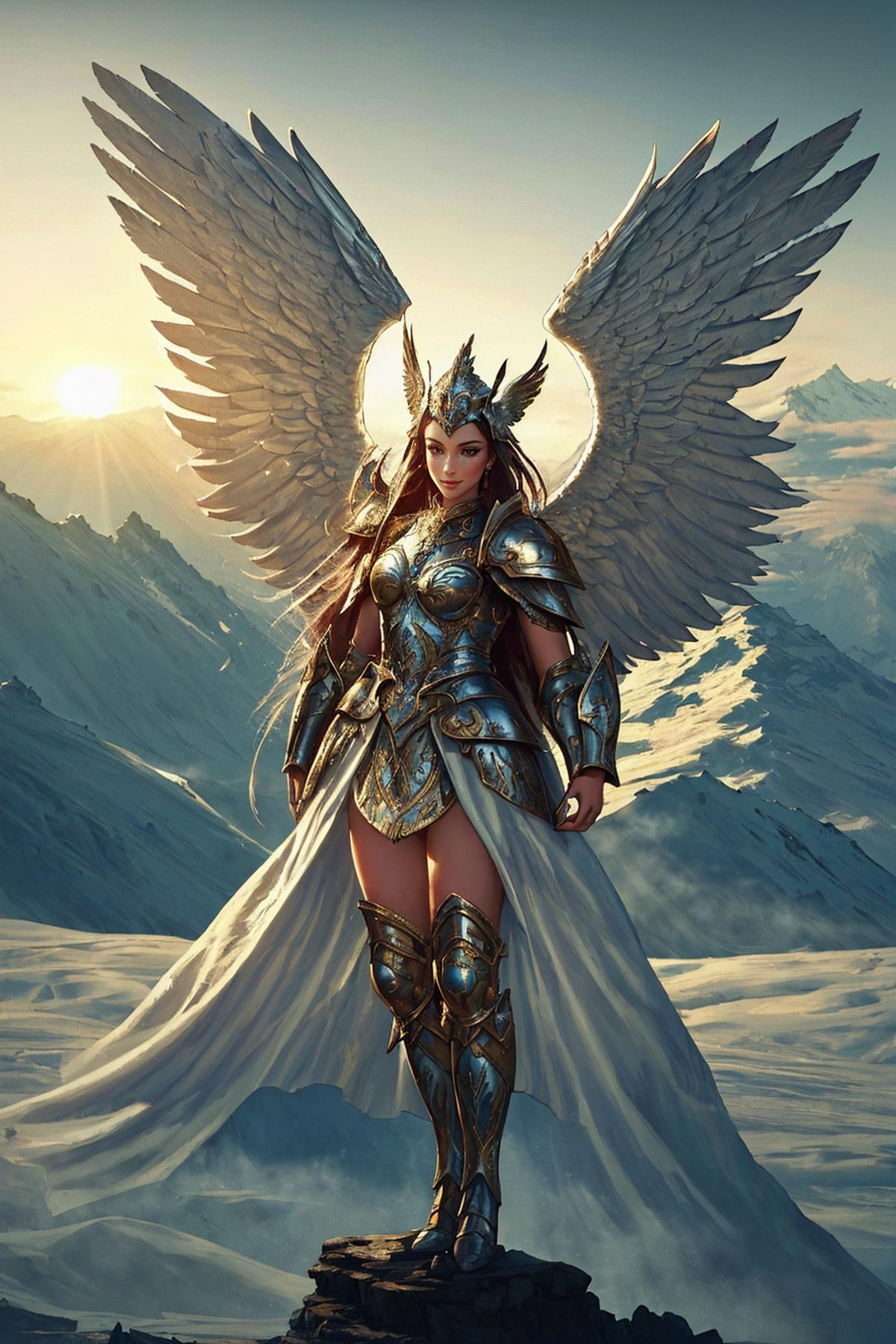 A fantasy illustration of a woman with angel wings and warrior garb, standing on snow-covered mountains.