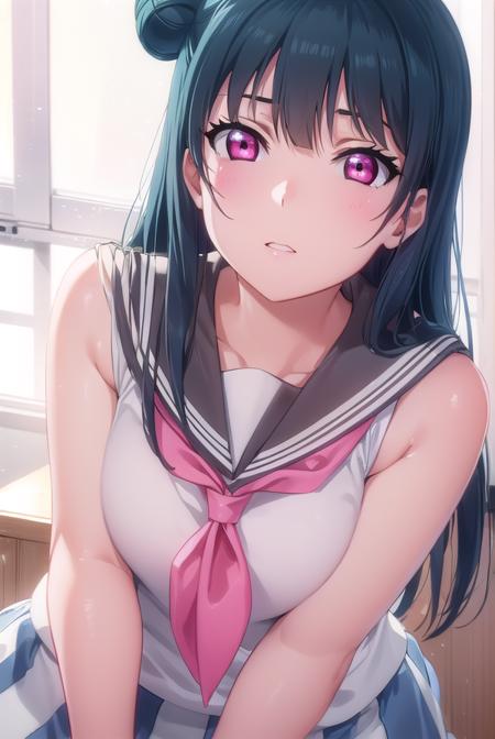 yoshikotsushima, <lora:yoshiko tsushima s2-lora-nochekaiser:1>,
yoshiko tsushima, long hair, bangs, blue hair, (pink eyes:1.3), hair bun, single hair bun, single side bun,
BREAK shirt, school uniform, white shirt, serafuku, neckerchief, uranohoshi school uniform, (orange neckerchief:1.2), sleeveless, skirt, pleated skirt, grey skirt,
BREAK indoors, classroom,
BREAK looking at viewer, (cowboy shot:1.5),
BREAK <lyco:GoodHands-beta2:1>, (masterpiece:1.2), best quality, high resolution, unity 8k wallpaper, (illustration:0.8), (beautiful detailed eyes:1.6), extremely detailed face, perfect lighting, extremely detailed CG, (perfect hands, perfect anatomy),