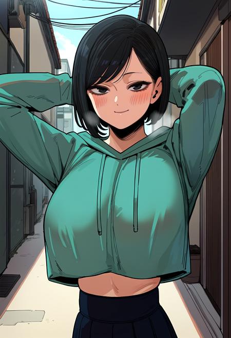 short hair, black hair, black eyes (forehead:0.8), bob cut track jacket, black jacket, long sleeves, track pants, black pants green hoodie, long sleeves, miniskirt, black skirt, pleated skirt