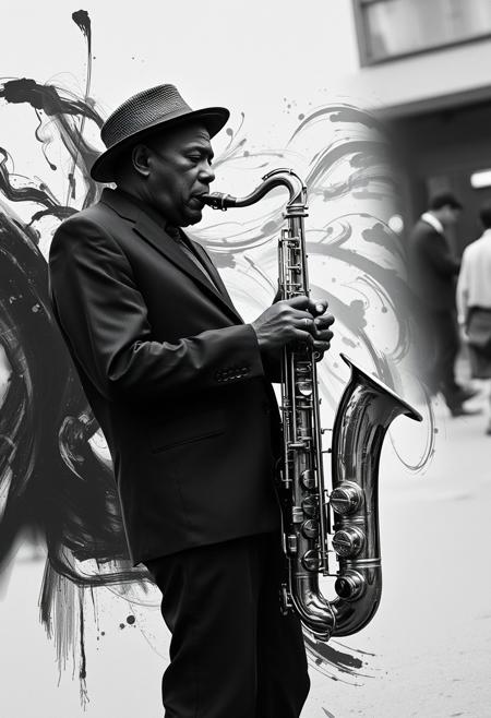 A musician playing a jazz saxophone, their body melting into swirling brushstrokes,  conceptual photography, urban melancholy, surreal humor, candid street scenes, anthropomorphic figures, poetic irony, black-and-white aesthetic, emotionally charged compositions, experimental framing, subdued tones, visual storytelling, expressive body language, absurdity within realism