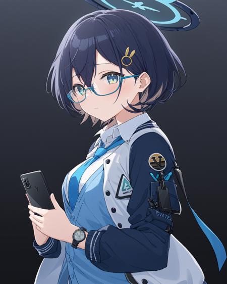 breathtaking,chihiro \(blue archive\),1girl, solo, looking at viewer, blush, shirt, hair ornament, long sleeves, holding, closed mouth, jacket, white shirt, open clothes, necktie, glasses, collared shirt, open jacket, halo, phone, semi-rimless eyewear, holding phone, under-rim eyewear, blue necktie, wristwatch, rabbit hair ornament, lanyard, blue-framed eyewear, blue cardigan
<lora:Chihiro_image148_v1:1>. . gorgeous,key visual, vibrant, studio anime,award-winning, professional, highly detailed,high budget, cinemascope