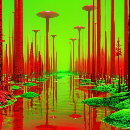 masterpiece,high resolution.
,alienworld, 
forest,acid water,red and green theme
, <lora:Alien_World-xl-8:0.6>,