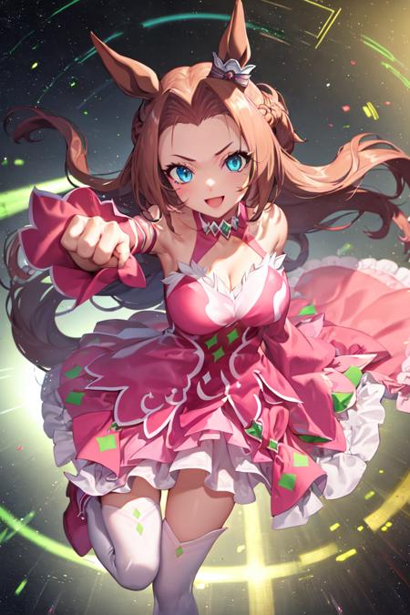 masterpiece, best quality,
kawakami princess \(umamusume\),
open mouth, smile, (eye trail, light trail:1.2),
incoming punch, punching,
ear ornament, pink dress, bare shoulders, cleavage, sleeveless dress, detached sleeves, pink sleeves, white thighhighs, pink footwear, boots
<lora:kawakami_princess_loha:0.7>