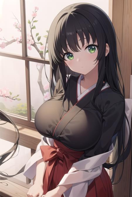 kasumiiwato, <lora:kasumiiwatotest:1>,
kasumi iwato, long hair, (black hair:1.5), (green eyes:1.3), (huge breast:1.2), (hair between eyes:1.5),
BREAK skirt, cleavage, japanese clothes, hakama, hakama skirt, miko,
BREAK looking at viewer,
BREAK outdoors, shrine,
BREAK <lora:GoodHands-vanilla:1>, (masterpiece:1.2), best quality, high resolution, unity 8k wallpaper, (illustration:0.8), (beautiful detailed eyes:1.6), extremely detailed face, perfect lighting, extremely detailed CG, (perfect hands, perfect anatomy),